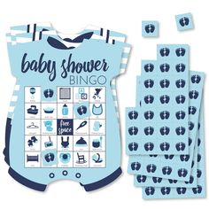 a baby shower game with blue and white designs on the front, surrounded by stickers