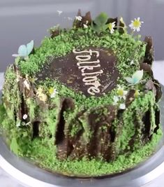 there is a cake with moss and flowers on it