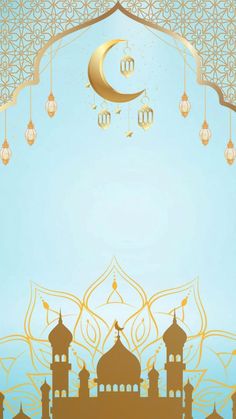 an islamic background with the moon and mosques in gold on a light blue sky