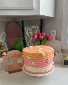 a cake sitting on top of a white counter