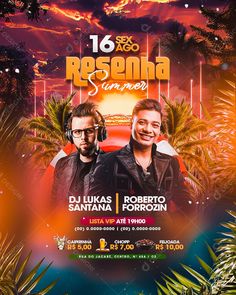 an event flyer with two men wearing headphones and palm trees in the background,