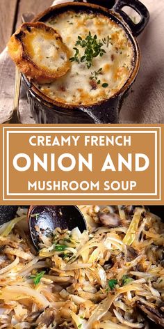 creamy french onion and mushroom soup in a skillet