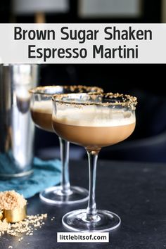 two glasses filled with brown sugar shaker espresso martinis on a table