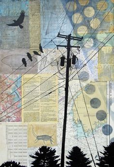 an image of birds on telephone wires and paper collage with trees in the background