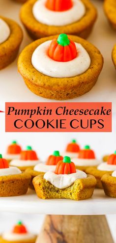 pumpkin cheesecake cookie cups with white frosting and mini pumpkins in the middle