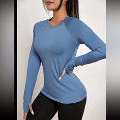 Dusty Blue Round Neck, Raglan Sleeve Regular Fit Athletic Tee 86% Polyester 14% Elastane High Stretch Casual Breathable Blue Tops, Casual Blue Breathable Tops, Blue T-shirt For Gym, Blue Crew Neck Top For Light Exercise, Blue Crew Neck T-shirt For Yoga, Blue High Stretch Moisture-wicking Tops, Light Blue Sporty Tops For Gym, Blue Moisture-wicking High Stretch Top, Moisture-wicking Light Blue Workout Top