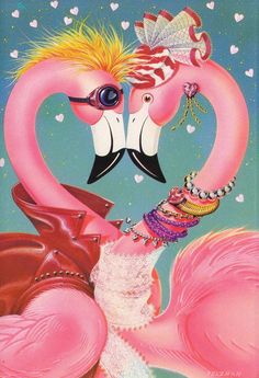 a painting of two flamingos in love, one kissing the other's cheek