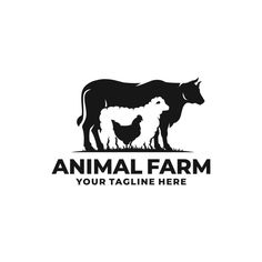 an animal farm logo with two sheep and a cow in the grass, on a white background