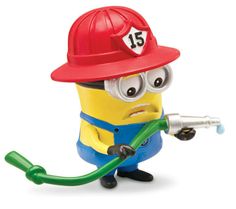 a toy fireman minion holding a hose and wearing a red hat with the number fifteen on it