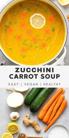 zucchini carrot soup in a pot with lemons, carrots and celery