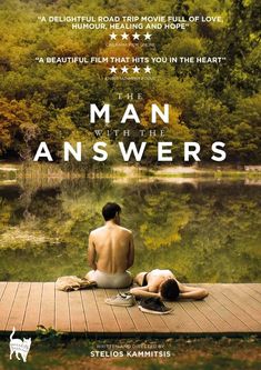 the man with the answers movie poster showing two people sitting on a dock in front of water