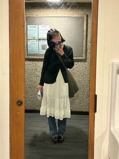 Dress With Pants Aesthetic, Layered Dress Over Pants, Layered Pants Outfit, Layer Outfits Spring, Long Skirt Layered Outfit, Dress Over Jeans Outfit Korean, Skirts Over Pants Outfits, Dress Over Pants Korean, Laufeycore Outfits