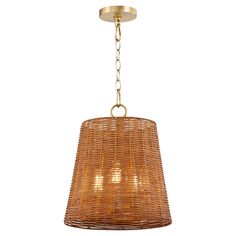 a light fixture with a rattan shade hanging from it's side, on a white background