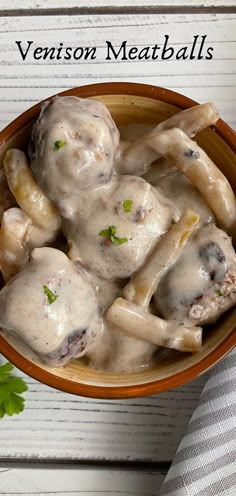 Creamy Venison Meatballs in a bowl with yellow beans. Deer Meet Ideas, Meateater Recipes, Venison Tenderloin Recipes Skillet, Venison Meatballs Recipes, Venison Meatballs Easy, Smoked Venison Meatballs, Venison Meatball, Venison Tips And Noodles, Venison Mince Recipes