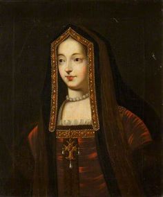 an old painting of a woman wearing a red and black dress with a cross on her chest