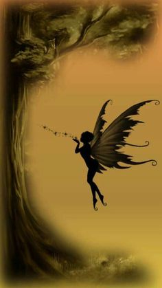 the silhouette of a fairy holding a wand in front of a tree with its wings spread