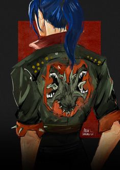 an anime character with blue hair wearing a green uniform and red collared shirt, looking to the side