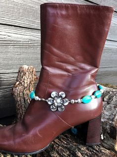 "TURQUOISE and PEARLS  That's right  Turquoise and pearls together!  What a great looking boot bracelet! An eye catcher for sure! Bracelet is made up of simulated turquoise oval shaped beads, separated small silver spacers and freshwater pearls.  Take note of this outstanding flower connector. The center has a pearl in the center.  Completed of bracelet is 15\" PHOTOGRAPHIC DESCRIPTION: * * * This boot bracelet was photographed on a ladies size 7 leather boot.  The boot measures 12\" around the Boot Bracelet, Cowgirl Bling, Boot Bling, Western Style Boots, Handmade Boot, Jewelry Words, Boot Jewelry, Southwestern Jewelry, Leather Boot