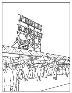 a black and white drawing of people standing in front of a building with a sign that reads