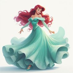 the little mermaid is dressed in a green dress with long red hair and flowing waves