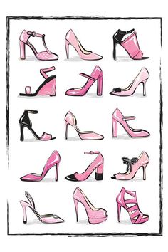 pink high heeled shoes are shown in different positions and sizes, including the upper one with