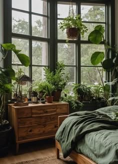 a bedroom with large windows and lots of plants on the dresser next to the bed