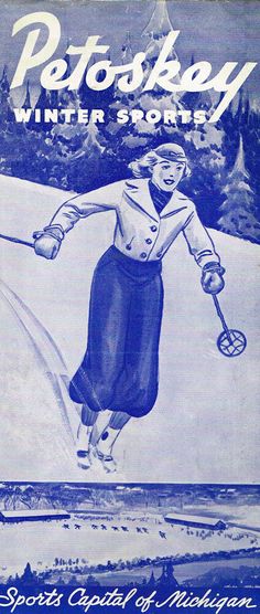 an advertisement for petosky's winter stories, with a woman skiing in the snow