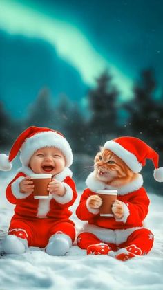 two cats dressed up as santa clause drinking coffee in the snow with northern lights behind them