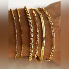 Material: Gold Plated Stainless Steel Length: 7.5"-8.9" 5pc Set Tarnish Free Hypoallergenic Top Rated Seller Quick Shipper Open To Offers 4000+ Listings Sold Beaded Chain Bracelet, Flat Snake Chain, Bracelet Pack, Gold Bracelet Set, Real Gold Jewelry, Hand Accessories