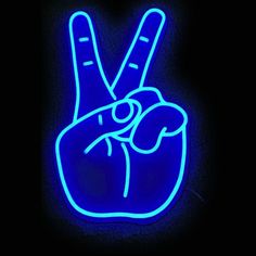 a neon blue peace sign with the letter v in it's middle and two fingers up