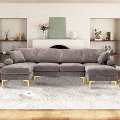 a living room with a purple couch and white rug