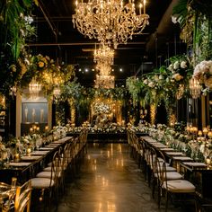 a long table is set up with white flowers and greenery for an elegant wedding reception