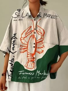 🐟FISH ART Shirt Designs For Women, Vintage Lobster, Lobster Art, Ruffle Collar Shirt, Fish Dress, Retro Pants, Cotton Linen Pants, Retro Tops, Loose Shirts