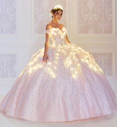 Ball gown with lights Dress With Lights, Floral Ball Gown, Mexican Quinceanera Dresses, Quinceanera Collection, Off Shoulder Ball Gown, Quince Stuff, Quincenera Dresses, Quinceñera Dresses, 15 Dresses Quinceanera