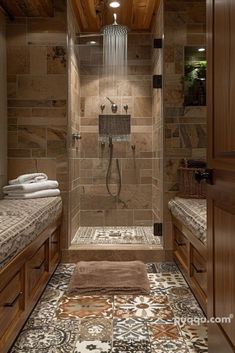 a walk in shower sitting inside of a bathroom