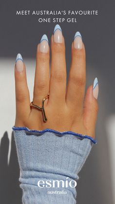 Easiest Nail Designs Ever, Work Friendly Nails, Easy Nails French, Nail Tip Designs French, Euro Summer Nails, Euro Nails, 1989 Nails, Simple Blue Nails, Diamante Nails