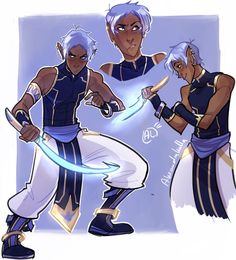 two men with white hair and blue clothes holding swords