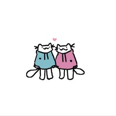 two cats are standing next to each other in front of a white background with pink and blue hearts