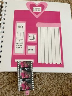 a photo book with pink and white pictures on it