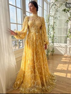 Teuta Matoshi, Yellow Gown, Balloon Sleeves, Cinched Waist, High Neckline, Fitted Bodice, A Line Skirts, Floral Lace, Citrine