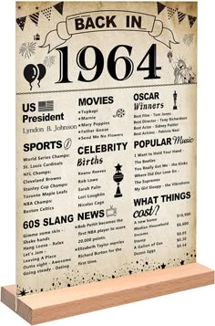 an old poster with the history of back in 1994 on it's wooden stand