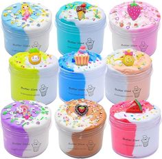 there are many different colored cupcakes in the containers