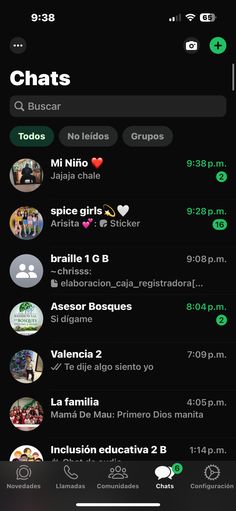 an iphone screen showing the chats menu and other things to do in spanish on it