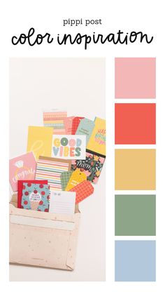 a box filled with lots of colorful cards and envelopes next to the words pop post color inspiration