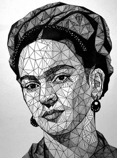 a black and white drawing of a woman's face with geometric lines on it