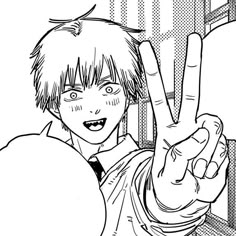 an anime character making the peace sign with his hand in front of him, while holding up