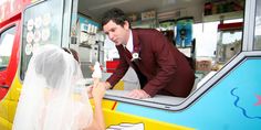 a bride and groom are getting ready to go into the food truck for their wedding