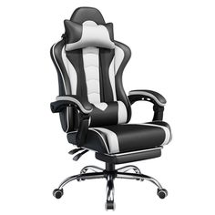 a black and white office chair sitting on top of a desk