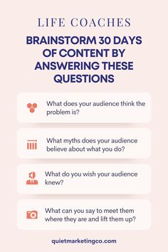 an info sheet with the words, brainstorm 30 days of content by answering these questions