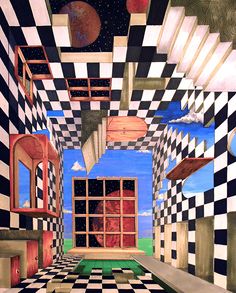 an abstract painting with black and white checkered flooring, open window to the sky